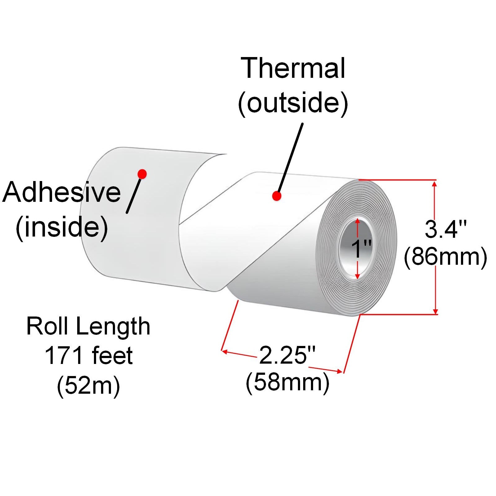 58mm X 52m Sticky Thermal Paper Rolls, 32 Rolls, Removable Adhesive